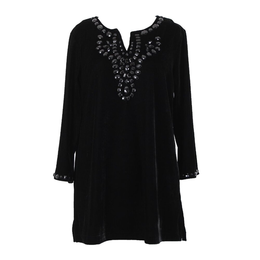 Quacker Factory Sz M Black Velour Beaded 3/4 Sleeve Polyester Spandex Sweater